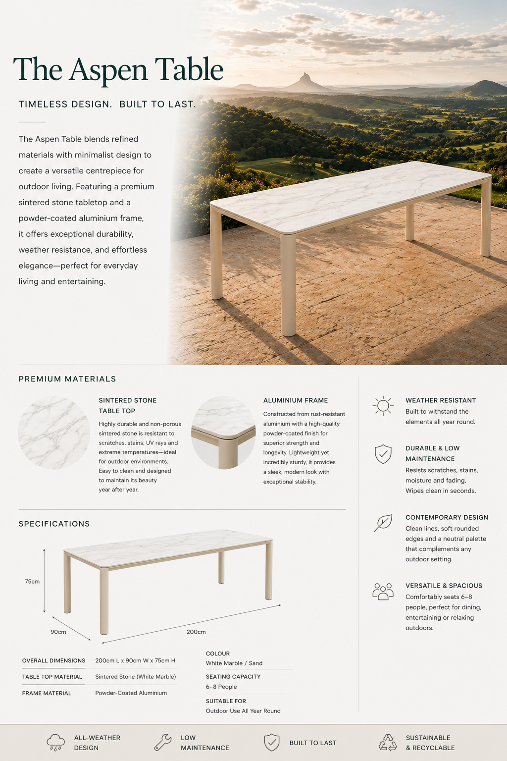 Aspen Dining Table - 200 x 90cm White Marble