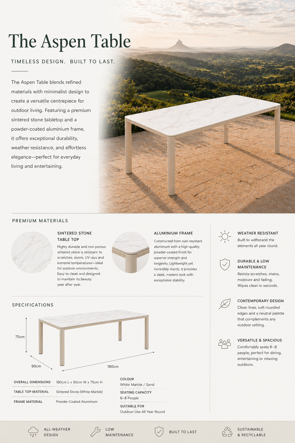 Aspen Dining Table - White | Marble 180x90cm