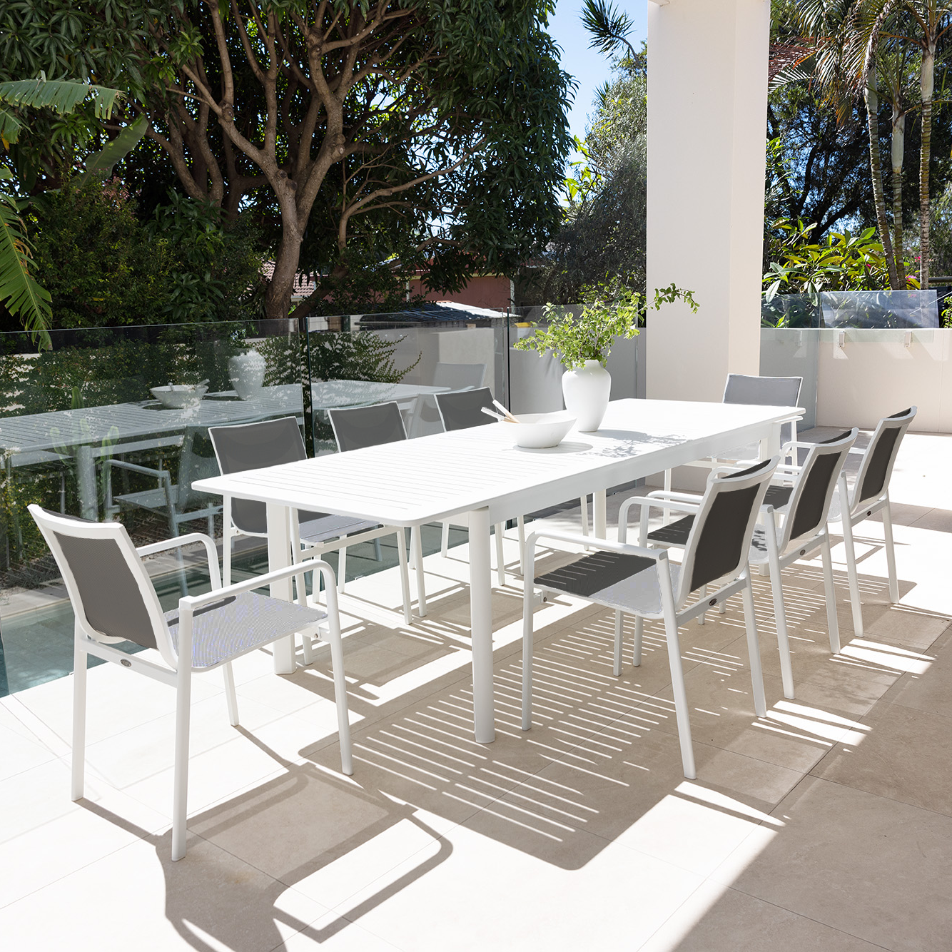 SALANDRA EXTENSION & CHIC DINING 9 PCE - WHITE/CHARCOAL