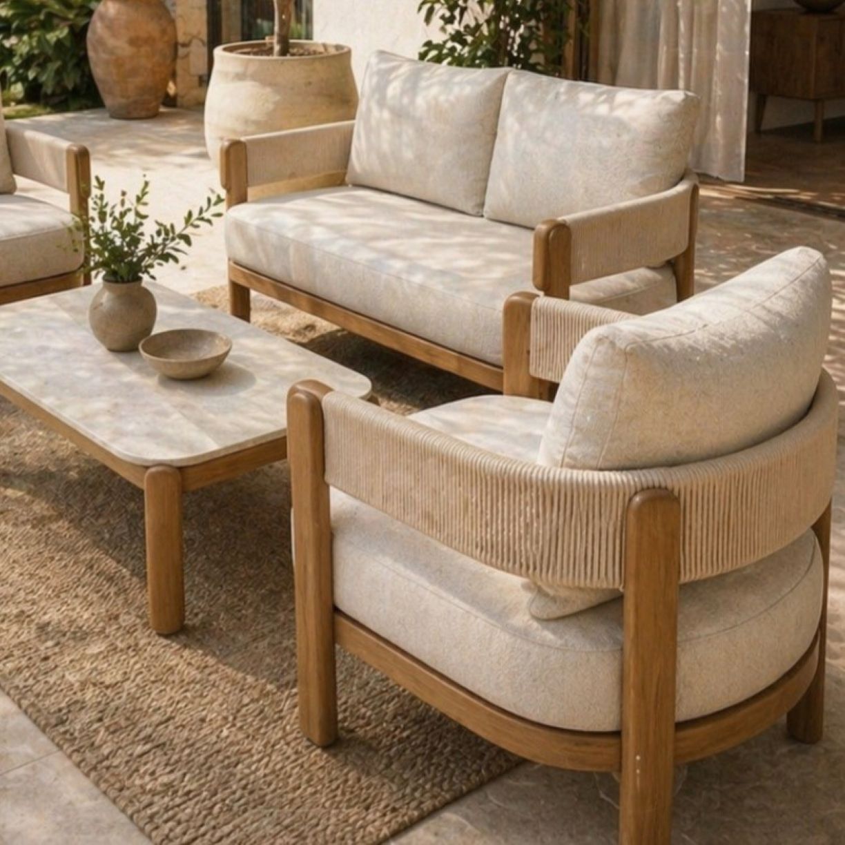 Harbour Lounge Setting - 4 pce Teak | Beige Boucle