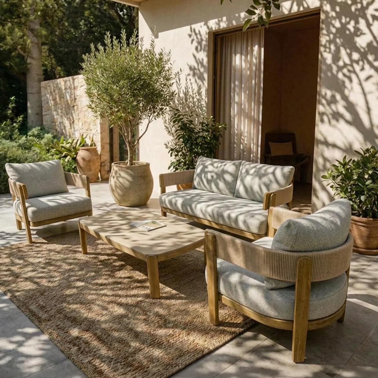 Harbour Lounge Setting - 4 pce Teak | Beige Boucle