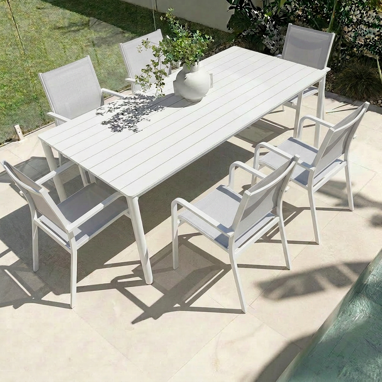 MESA & MONS DINING SETTING - WHITE/PEBBLE -7PCE