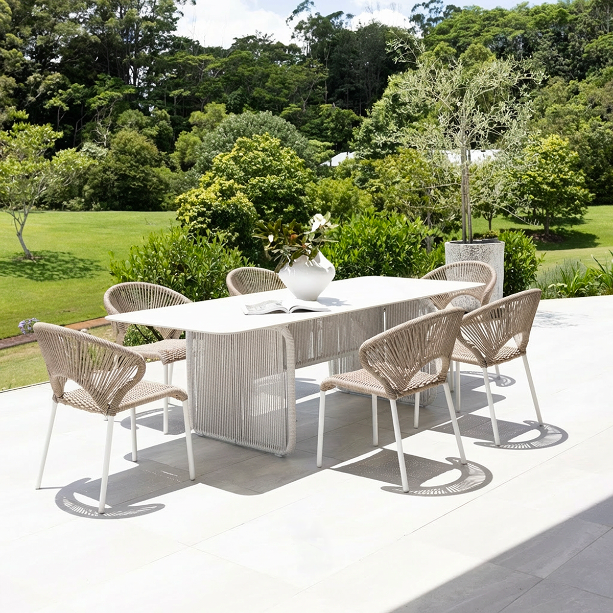 Novara & Holly - 7 pce dining setting Dove grey & Rope