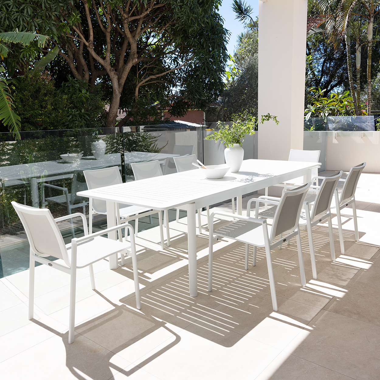 Salandra Extension & Chic Dining Setting - 9 pce White/Pebble