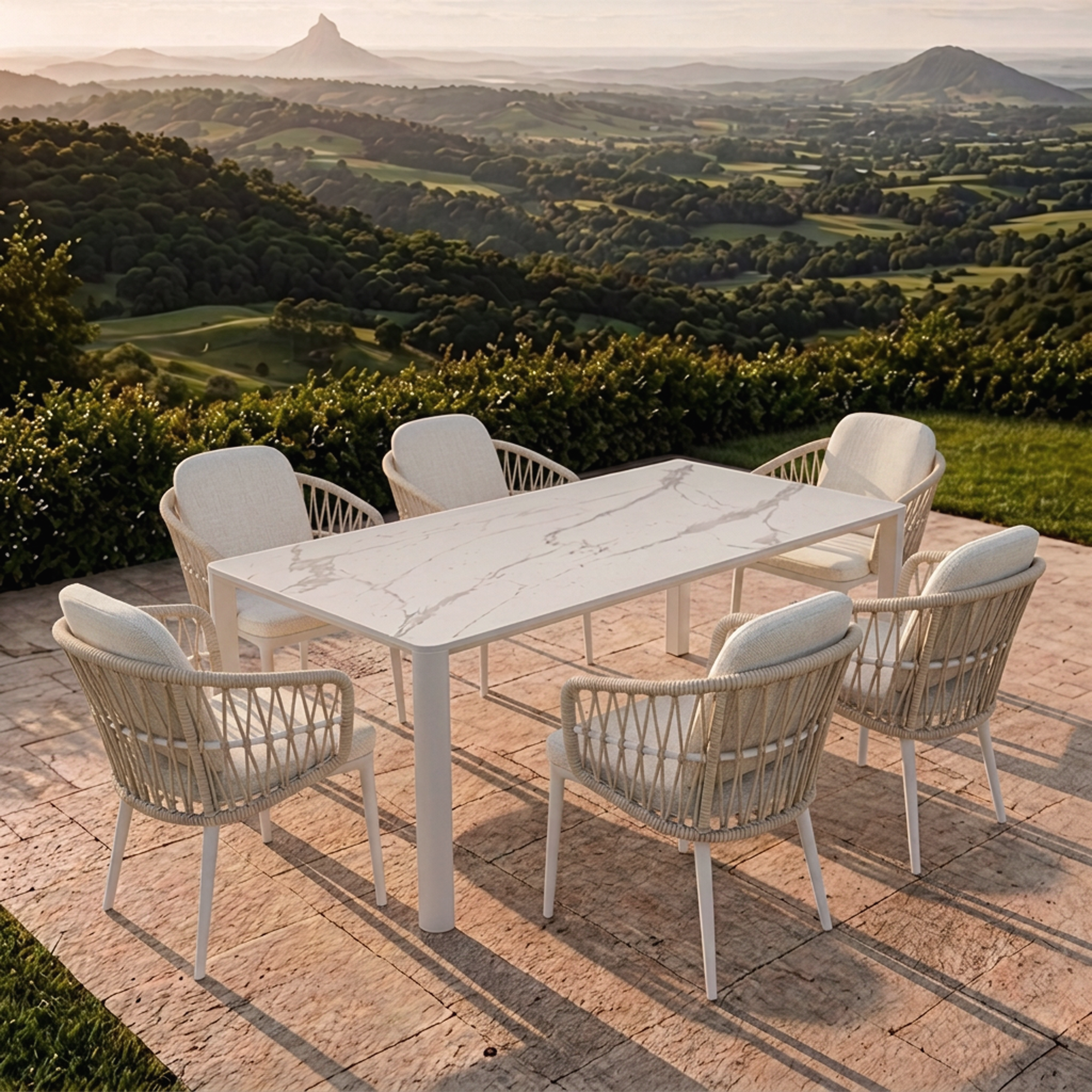 ASPEN (2m x 90cm) WHT/MARBLE & AYANA WHT/LINEN - 7 PCE DINING SETTING