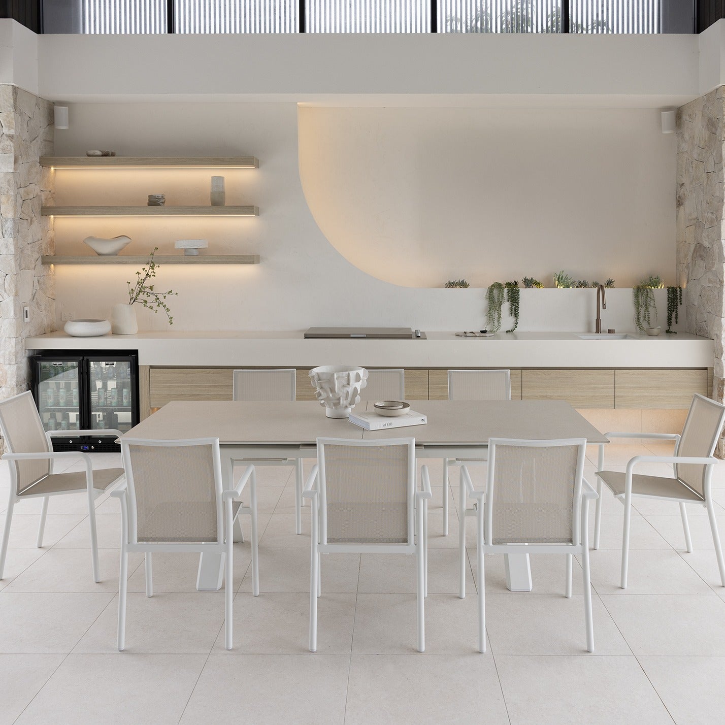 CARSON EXTENSION & AROHA DINING SETTING WHITE/IVORY 9PCE