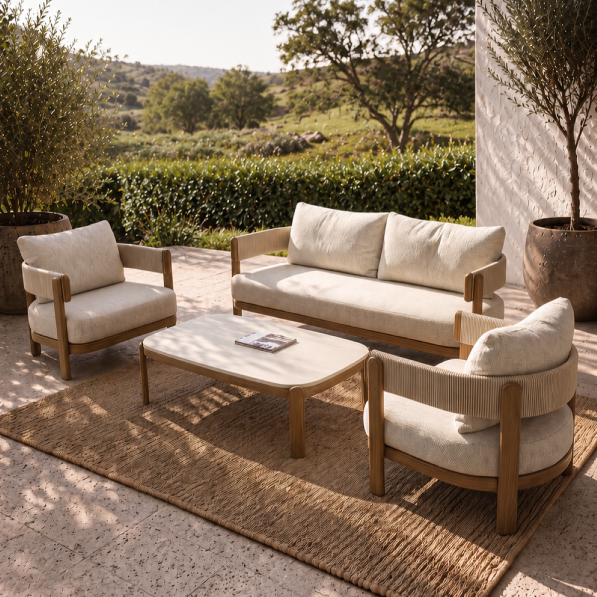 HARBOUR LOUNGE SETTING 4PCE - TEAK/BEIGE/BEIGE BOUCLE