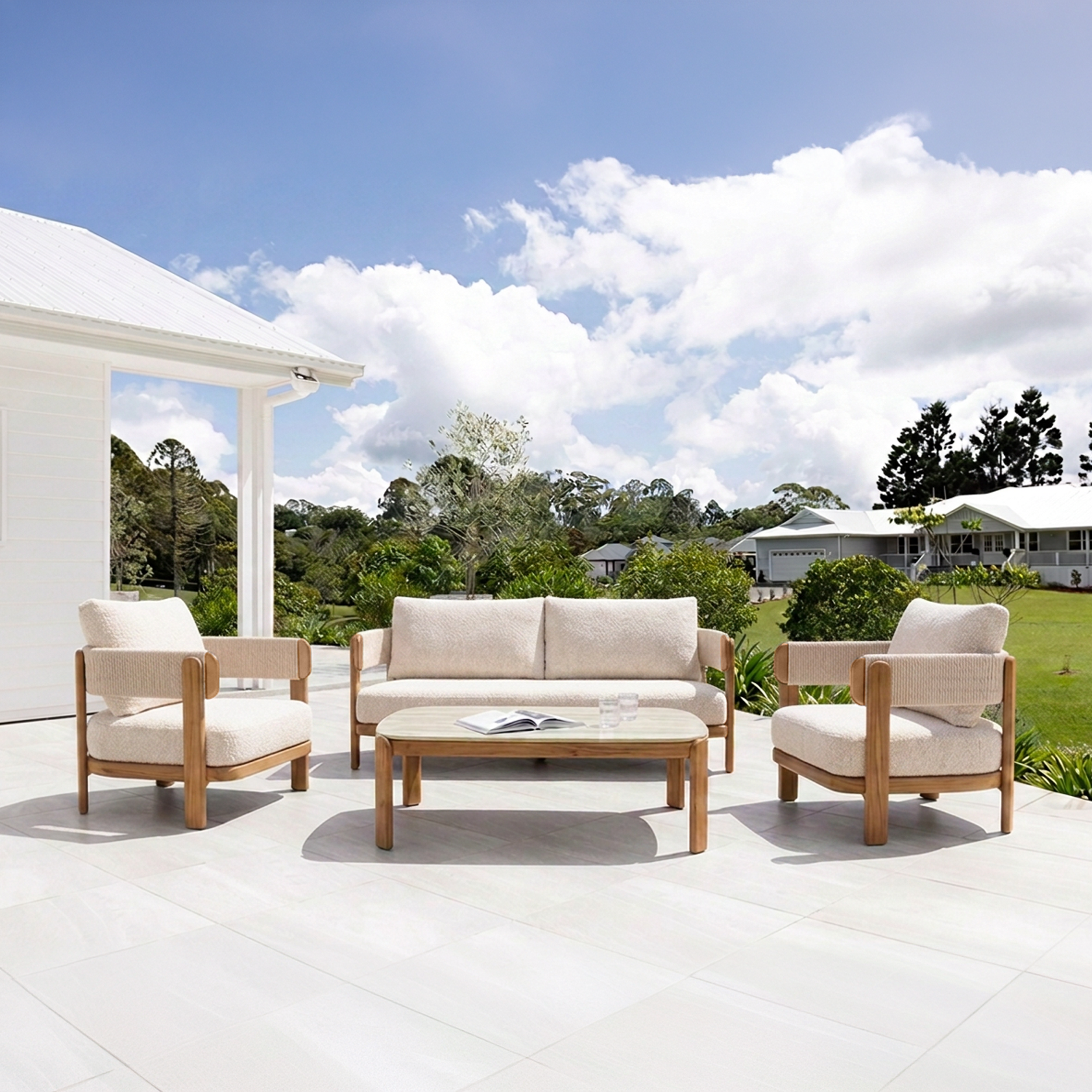 Harbour Lounge Setting - 4 pce Teak | Beige Boucle