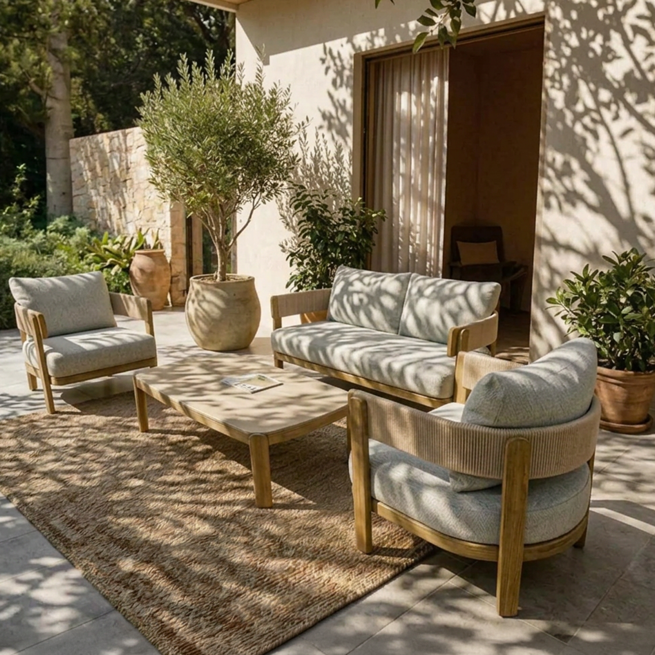 Harbour Lounge Setting - 4 pce Teak | Beige Boucle