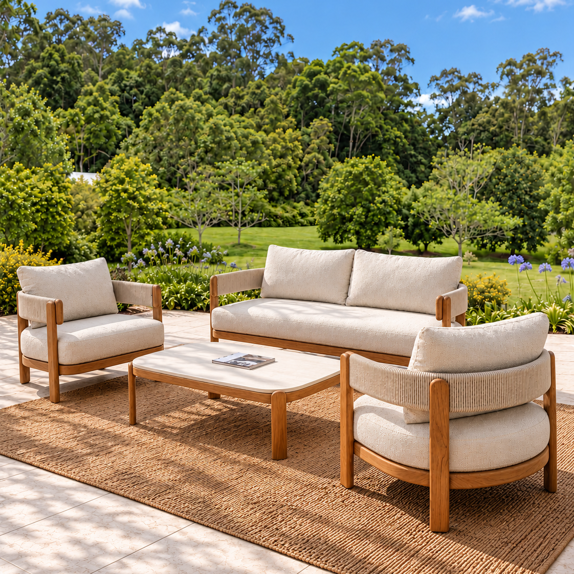 HARBOUR LOUNGE SETTING 4PCE - TEAK/BEIGE/BEIGE BOUCLE