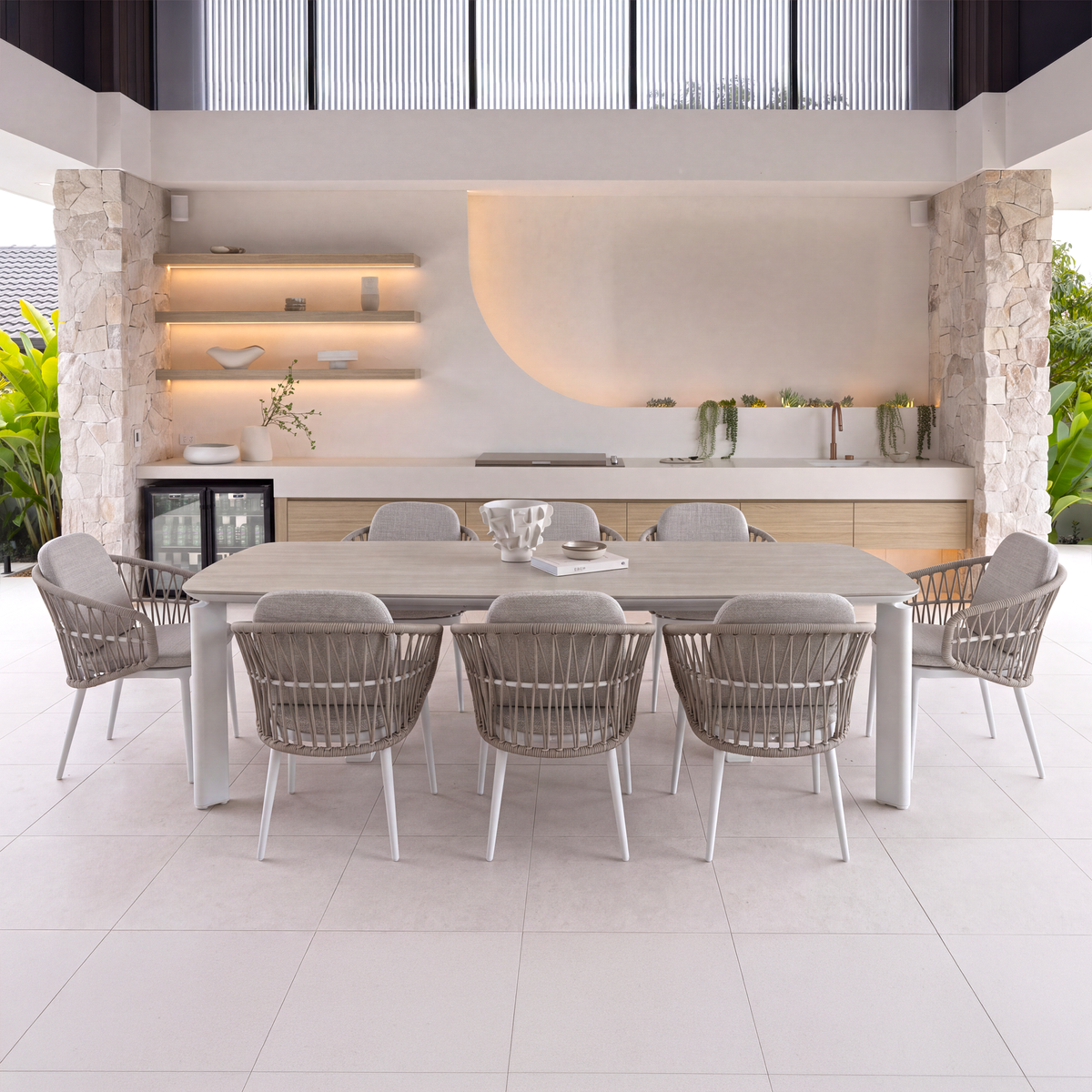 OLIVER & AYANA 9 PCE DINING SETTING WHITE/LINEN/WHITE/IVORY BAROQUE