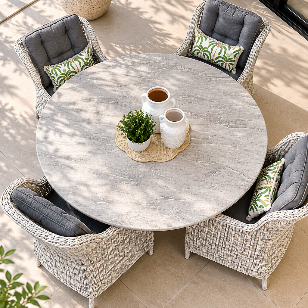 Round outdoor dining setting featuring handwoven all weather wicker armchairs with grey cushions surrounding a sculptural stone-look pedestal table in a high end modern Australian outdoor space. Styled beside a contemporary pool with soft neutral tones, minimalist landscaping and architectural outdoor living details.